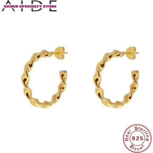 AIDE 925 Sterling Silver Earrings For Women Fine Jewelry C Shape Piercing Glossy Stud Earring Gold Pendientes Aretes Girls Gifts