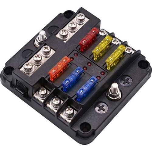 12V Car Fuse Box Plastic Cover Holder Automotive 6-Way LED Blade Holder Block Case with Negative for Auto Car Boat Marine Trike