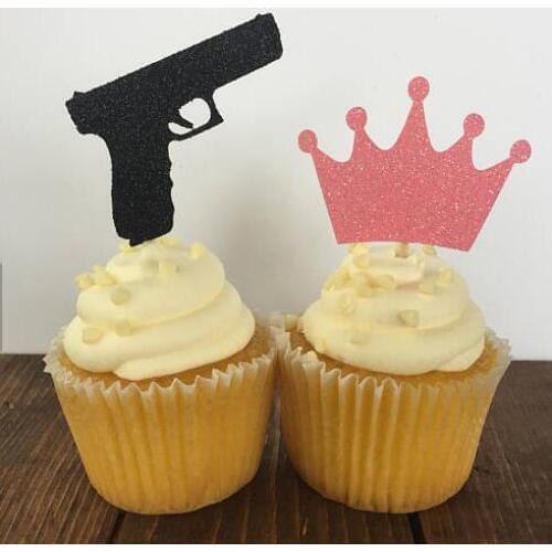 Glitter guns or crowns Gender Reveal cupcake toppers birthday baby shower baptism doughnut food treats picks party decorations