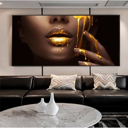 Large African Woman Face Canvas Art Posters And Prints Golden Sexy Lips Canvas Paintings On the Wall Art Picture For Living Room