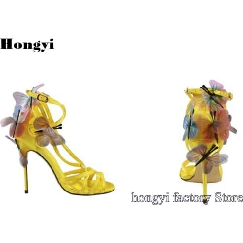 Summer Fashion Design Silk Satin Cross Straps Embroidery Design Butterfly High Heel Sandals Women Plus size 35-42