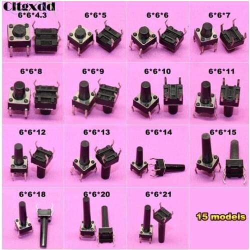 Cltgxdd 10pcs Touch ON/OFF switch 6*6*4.3/5/6/7/8/9/10/11/12/13/14/15/18/20/21mm Light touch button switch DIP 4pin 6x6x5mm