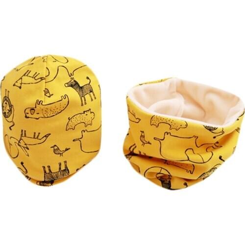Autumn Winter Boy Girl Cartoon Beanies Kids Neckerchief Warm Collar Baby Plush Cap Suit Cotton Children Hat Scarf Two Pieces
