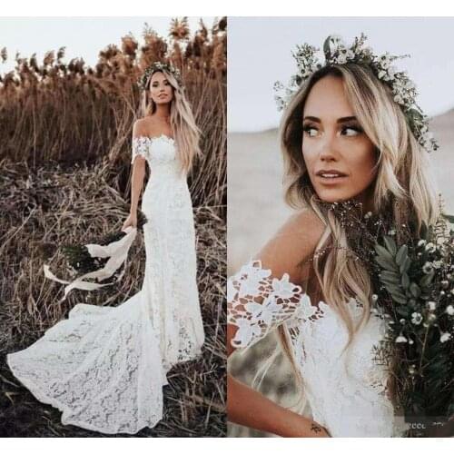 Elegant Boho Lace Wedding Dresses 2020 Country Style Off The Shoulder Short Sleeves Bridal Dresses Beach Wedding Gowns Sweep