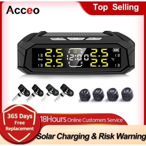 E-ACE K19 Electronic Clock TPMS Car security Tire Pressure Sensors Solar Power Pressure Monitor Alarm System LCD Screen Display