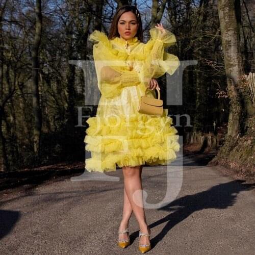 Long Sleeve Knee Length Cocktail Dressing High Neck Custom Made Yellow Tulle Chic Evening Party Dresses Womens Summer Dress