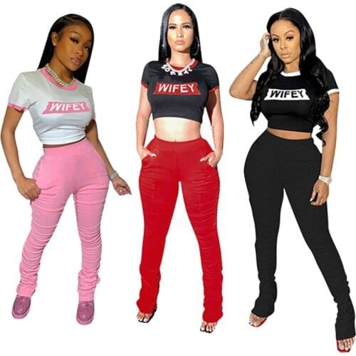 Echoine Autumn Women Wifey Letter Set Short Sleeve Tops Stacked Pants Suit Active Wear Tracksuit Two Piece Set Fitness Outfit