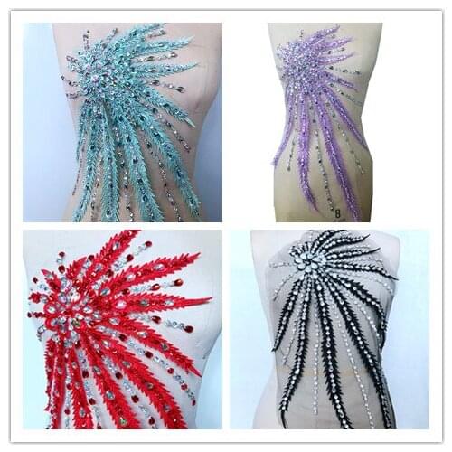 Handmade beaded embroidery lace fabric applique wedding dress costume flower accessories 55x30 cm CA18