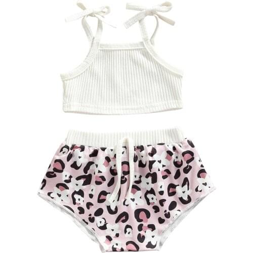 New Baby Girl’s Summer Two Piece Set Fresh Solid Color Suspender Tops and Printing Short Pants
