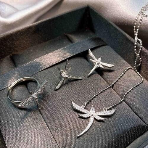 Fashion Dragonfly Stud Earrings With Small Zircon Cute Insect Jewelry Set 925 Silver Ring Necklace For Women Wedding Engagement