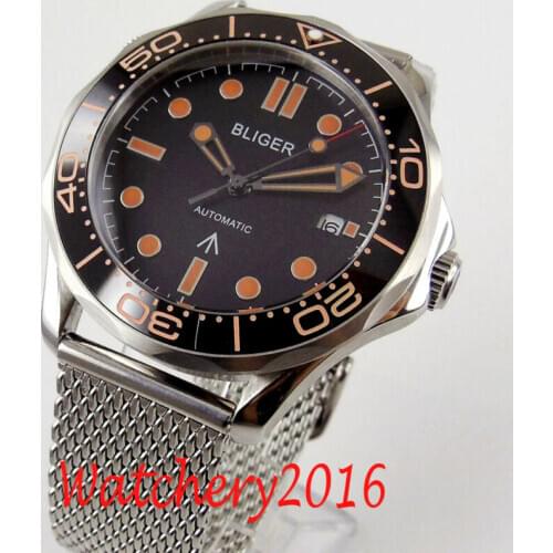 41mm bliger Black dial sapphire glass date ceramic bezel automatic mens watch