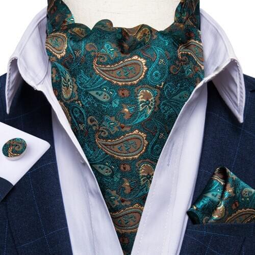 Luxury Mens Ascot Teal Green Paislet Floral Silk Necktie Cravat Pocket Square Cufflinks Set Wedding Party Vintage Ascot DiBanGu