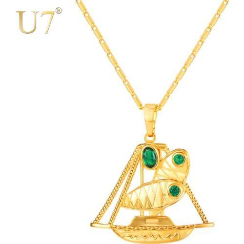 U7 Necklace Green CZ Lakatoi Canoe Pendant & Chain Gold Color Gift For Women/Men Papua New Guinea PNG Jewelry Necklaces P1154