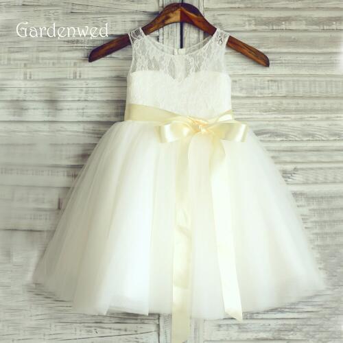 Gardenwed Yellow Belt Flower Girl Dress 2019 France Lace First Communion Dress Child Party Little Baby Girl Formal Gown Birthday