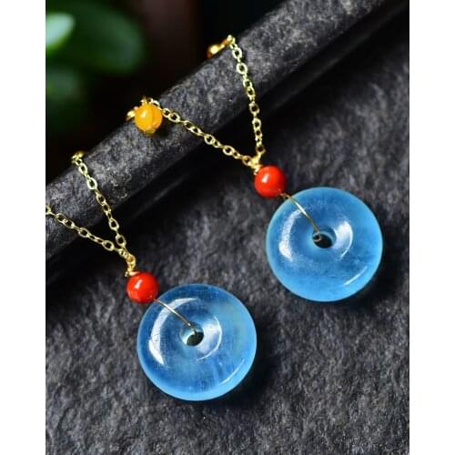 Genuine Natural Blue Aquamarine Donut Round Pendant Women Men 20x9mm Crystal Water Drop Necklace AAAAAA