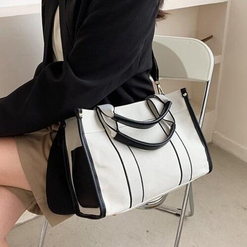 Casual Canvas Big Capacity Tote Bags For Women Contrast Color Shopper Women Handbag Fashion Striped Shoulder Bag Womens Bag New