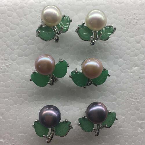 White Black Pink Natural Freshwater Pearl Green Stone leaf Earrings Stud Post