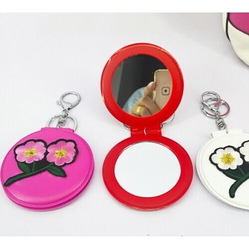 Cute Creative Embroidered Makeup Mirror PU Anti-fall Portable Glass Mirror Keychain Female Bag Pendant