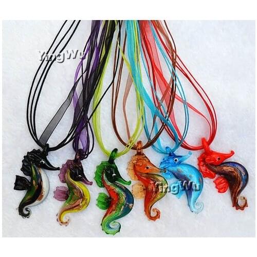 Yingwu 6pcs Fashion Unique Lampwork Murano Glass Pendant Necklace Flower Heart Vintage Necklaces Silk & leather Chain Jewelry