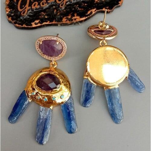 YYGEM Hyperbole Natural Blue Kyanite Stick Purple Amethyst Gold Filled Dangle Stud Earrings vintage style for women