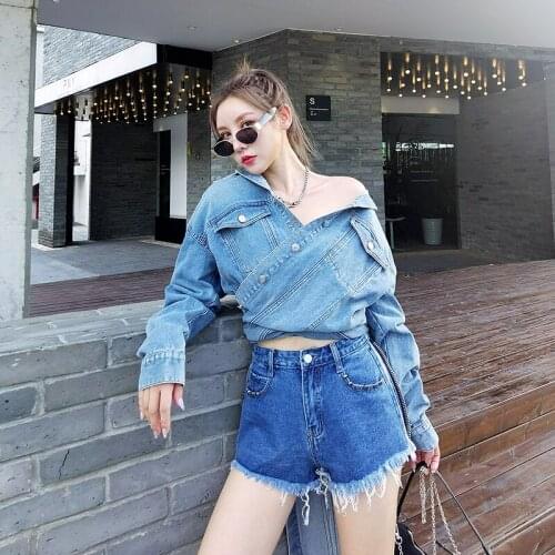 Vintage Slim Asymmetrical Bandage Denim Jacket Street Style Long-sleeved Single-breasted Coat Women 2021 Spring