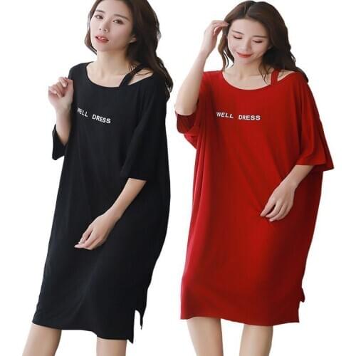 Spring Summer New Modal Womens Nightgown Leaky Shoulder Nightwear Bat Sleeve Dress Loose Size Long Skirt Fat MM Home Nightdress