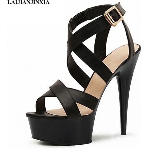 New PU material womens sandals, buckle toe stilettos, 15cm high heel party wedding dancing shoes