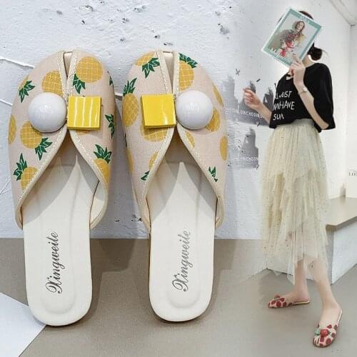 Women Mules Closed Toe Cloth Shoes Round Toe Backless Casual Flat Slippers Comfortable Slip on Print Strawberry flat slippers