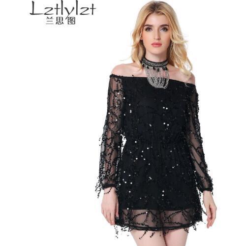 Soft Fox Brand Women Sexy Short Dress For Summer Slash Neck Solid Full Sleeve Solid Dress Pleated Dress 3 Colors Free Shipping