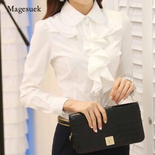 2020 Fashion Ladies Office Shirt Women Ruffles Blouse Chiffon Women Solid Blouse Long Sleeve Womens Clothing Tops Blusas 8C81