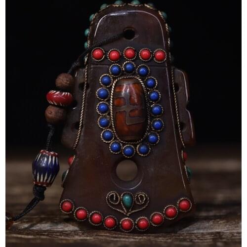 4"Tibet temple Old Natural agate Filigree mosaic Gem Dzi Bead Buddhist instruments Pendant Amulet Town House Exorcism