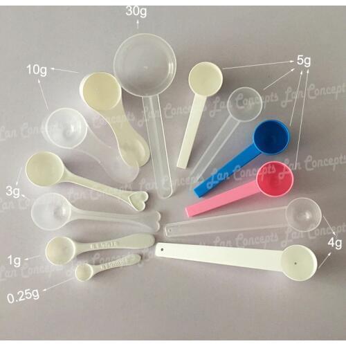 50pcs/lot Plastic Scoop Measuring PP Spoon 0.1g 0.25g 1g 2ml 3g 6ml 4g 8ml 5g 10ml 10g 20ml 30g for option - free shipping