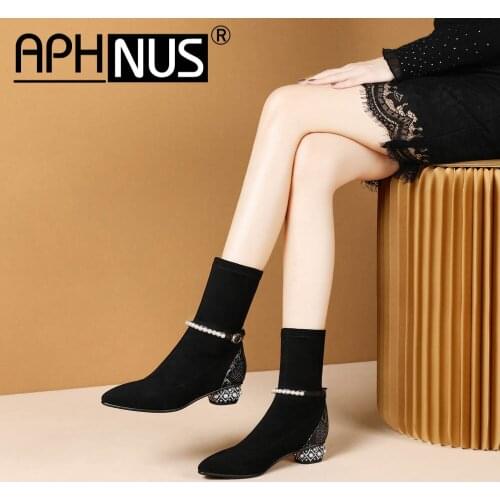 APHNUS Womens Boots Beading Short Ankle Booties Low Mid Heels Pumps Woman 2020 Shoes For Women New Boot Rhinestone
