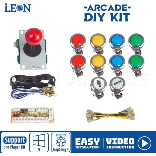 Arcade Kit For 1 Player Zero Delay USB Encoder 5 Pin 8 Way Sanwa Arcade Joystick Chrome Plating Illuminated Arcade Button LED