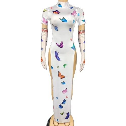 Butterfly Pattern Printing High Split Fork Dress Ankle-Length Party Sexy Club Costume For Women Theatrical Costume Performance