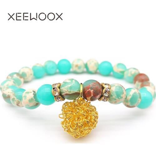 Couples Distance Golden ball Bracelets for Men Women Green Natural Stone Beaded Strand Wrap Bracelets&Bangles Jewelry