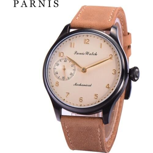 Fashion 44mm Parnis Mechanical Hand Wind Men Watches Leather Band Hand Winding Stainless Steel Case Mens Wrist Watch Man Clock