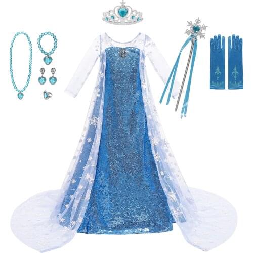 Disney Frozen 2 Costume for Girls Princess Elsa Dress Blue Sequined Mesh Ball Gown Children Snow Queen Cosplay Carnival Clothing