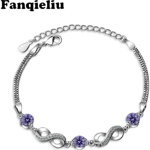 Fanqieliu 8 Purple Crystal Charm Bracelets 925 Sterling Silver Chain Link Bracelet For Women Lobster Clasp Bracelets FQL20170
