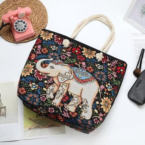 National Style Canvas Shoulder Bag Elephant Pattern High Capacity Womens Student Shopping Tote Exquisiteness Storage Handbags