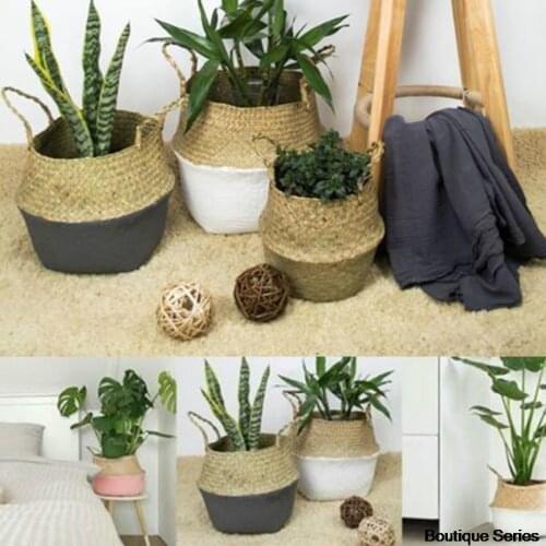 Household Storage Foldable Natural Seagrass Woven Storage Basket Pot Garden Flower Vase Hanging Wicker Basket Bellied Baskets