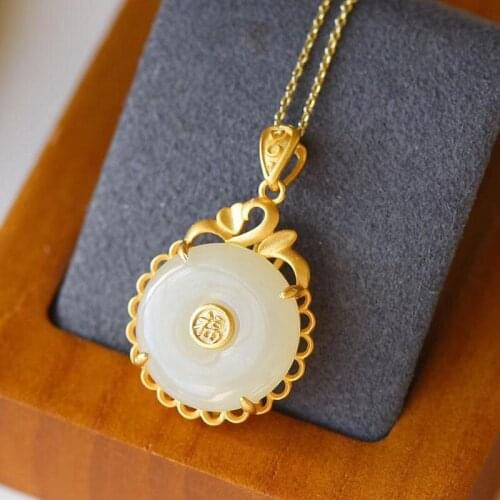 New Silver Inlaid Tianranhetian White Jade Safe Buckle Pendant Chinese Style Retro Charm Niche Design Womens Brand Jewelry