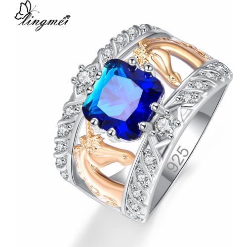 Lingmei New Comes Princess Cut Royal Blue & White Cubic Zirconia Silver ColorRing Size 6-9 Fashion Women Jewelry Wedding