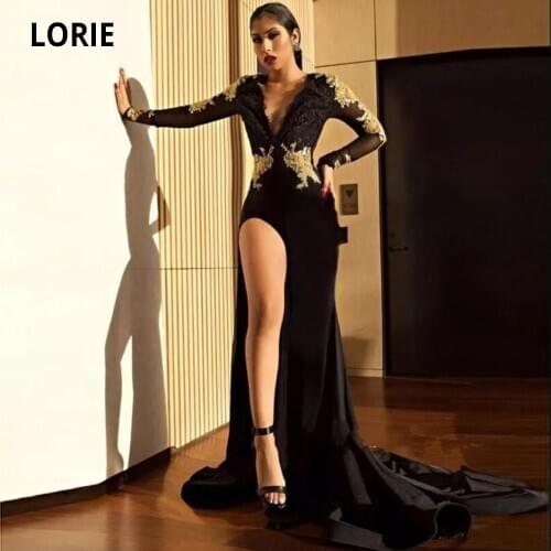 LORIE 2020 V-Neck Satin Evening Dresses Mermaid with Long Sleeve Elegant Black Gold Lace Appliques Formal Prom Party Gowns Split