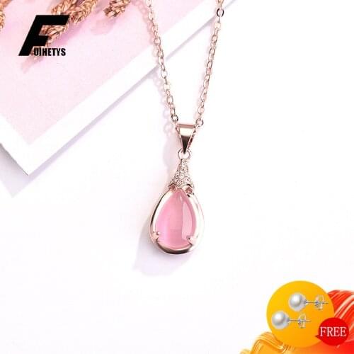 Bali Jelry Female Necklace Silver 925 Jewelry Accessories Water Drop Shape Rose Quartz Zircon Gemstone Pendant for Wedding Party