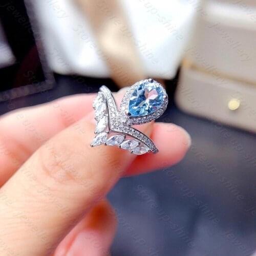 Natural Aquamarine Rings For Women Sterling Silver Color 925 Jewelry Ring Wedding Engagement Party Gemstone Fine Jewelry