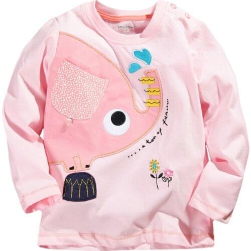 New Spring Fall Girls T shirt Pink Cartoon Elephant Children Kids Baby Girls T shirt Long Sleeve Clothes Girl Tees Tops 1-6 Yrs