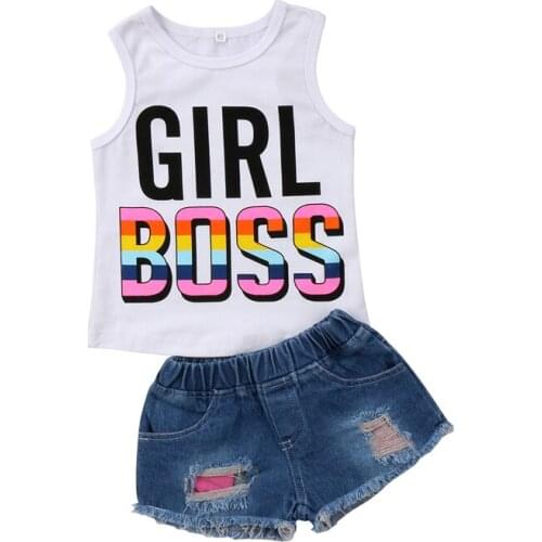 New Fashion Newborn Baby Kid Girls Clothes Print Letter Cotton Sleeveless Vest T-shirt Tops+Short Jean Pants 2Pcs