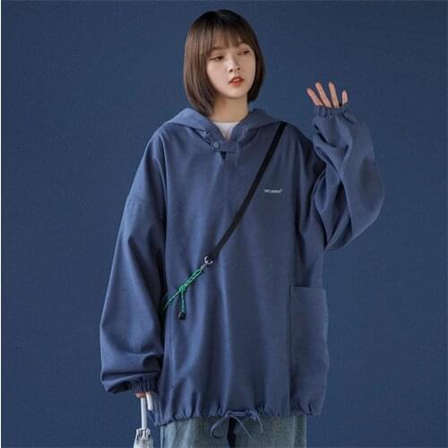 2021 Spring And Autumn New Pullover Womens Solid Color Loose Retro Hong Kong Flavor Harajuku Casual Hoodie Tooling Jacket Tide