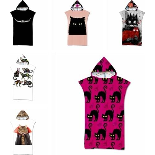 New Printed cartoon Cat Hooded Microfiber Fabric Bath Towels Beach Towel Changing Bathrobe drying Easy swimming surfing Towels
